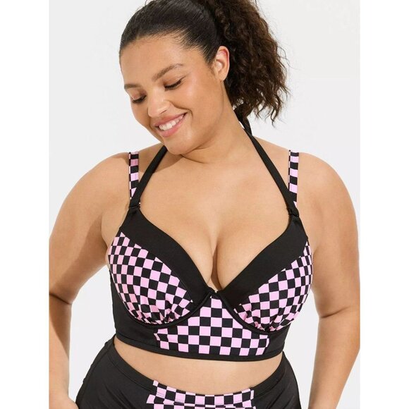 Torrid Plus 2-D/DD Lightly Lined Checkered Underwire Halter Plunge Bikini Top - Picture 1 of 10